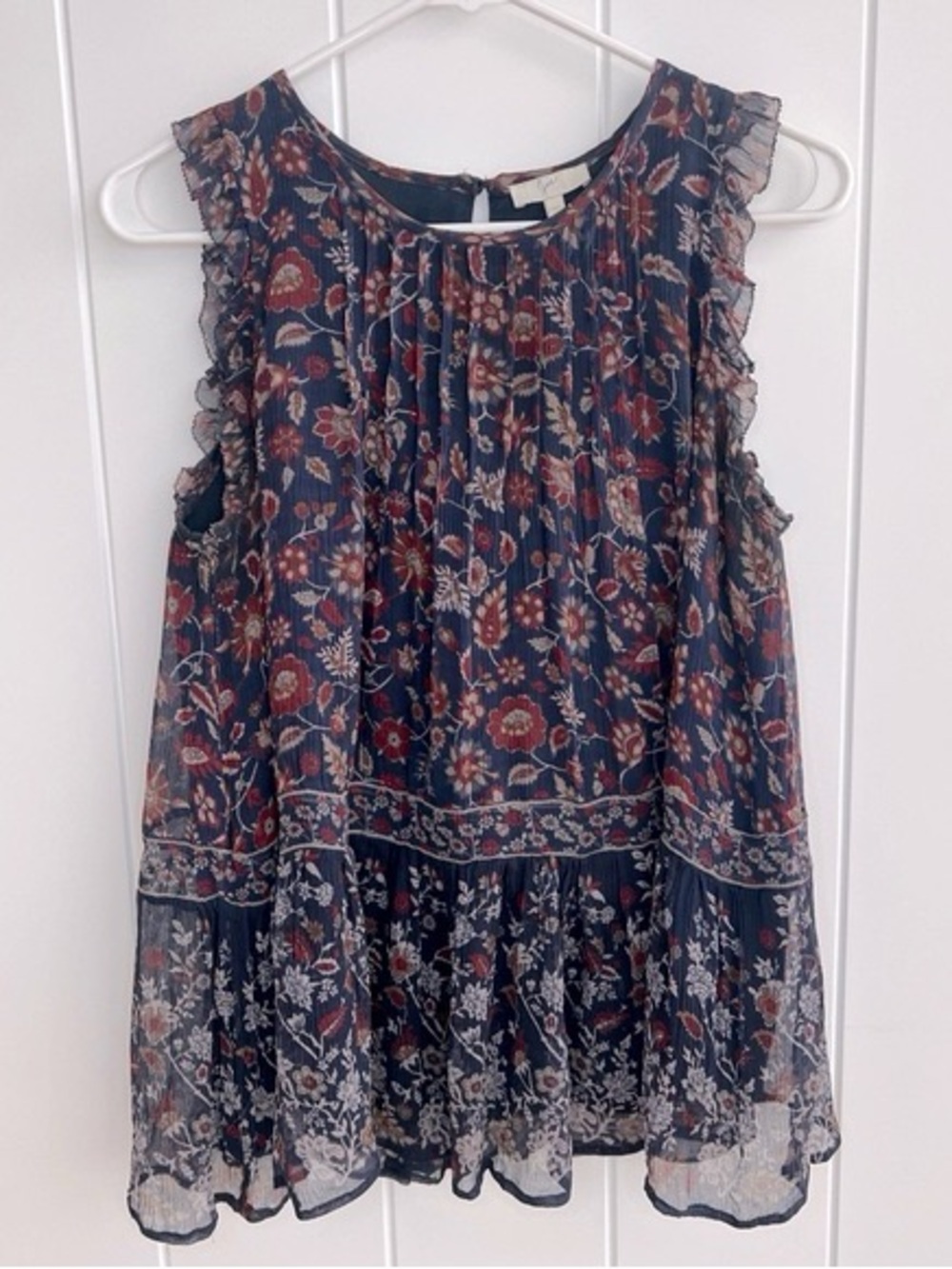 Floral Ruffle Sleeveless Blouse - Navy/Multicolor